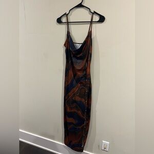 Orange and blue swirl print fitted maxi dress